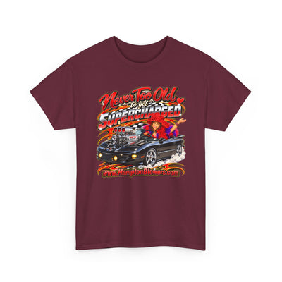 Ladies Kathy Bee's Dream Car Never Too Old To Get Supercharged Vintage Racing T-Shirt